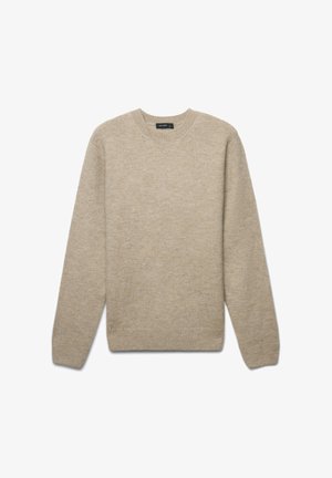 Beige Strickpullover aus weicher Wolle, mit rundem Halsausschnitt, langen Ärmeln und gerippten Bündchen und Saum. Schlichtes, strukturiertes Design.