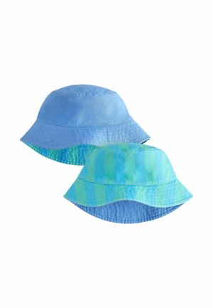 Two reversible bucket hats, one solid light blue, the other with blue and green vertical stripes.