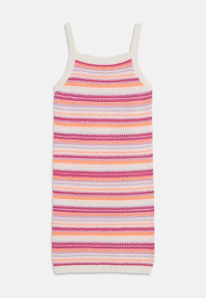 Õmmeldud varrukateta kleit peenikeste rihmadega, millel on horisontaalsed triibud roosa, oranži, valge ja lillaka värvusega.