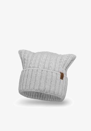 Gestrickte graue Mütze mit geripptem Muster, Katzenschutzohren und einem Lederetikett an der Seite zur Markenkennzeichnung. Weiches und warmes Material.