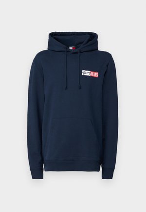 Marineblauwe hoodie van een katoenmix, met een voorzak, trekkoorden bij de capuchon en een logo-opdruk op de borst.