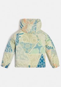 Lekka kurtka z kapturem, z mieszanką pastelowych wzorów geometrycznych w odcieniach zieleni, niebieskiego i brzoskwini, z elastycznymi mankietami i kapturem ze sznurkiem.