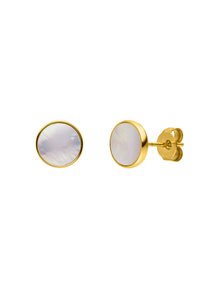 Goldfarbene Steckerohrringe mit runden, schillernden Zentralelementen aus Muschel mit glatter Textur und polierter Oberfläche.