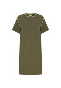 Olive green short-sleeve dress with a straight-cut design, featuring contrasting yellow stitching along the neckline and sleeve edges.
