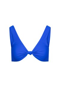Blue bikini top featuring a knot detail at the center, wide shoulder straps, and a smooth, stretchy fabric.