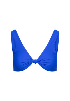 Haut de bikini bleu avec un détail de nœud au centre, bretelles larges et un tissu lisse et extensible.