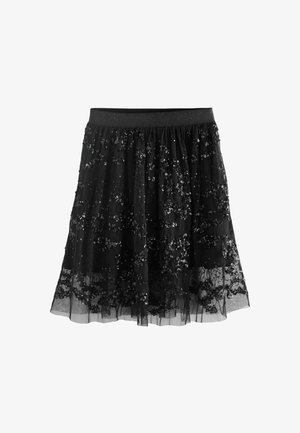 Czarna spódnica z tiulu z marszczonym pasem, ozdobiona cekinami i koronkowymi akcentami. Zwiewny fason z warstwową teksturą, o średniej długości.