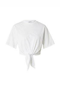 Witte cropped t-shirt van zachte katoen. Heeft korte mouwen en een geknoopt detail in het midden van de voorkant. Ronde halslijn.