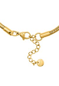 Collana in oro con chiusura a moschettone, estensore a catena collegata e un tag con dettagli in rilievo. Finitura liscia e metallica.