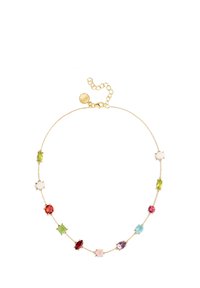 Collar de cadena de oro que presenta ocho piedras preciosas multicolores en varias formas, incluyendo óvalos y cuadrados, con un delicado cierre ajustable.