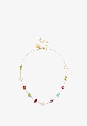 Goldene Kettenhalskette mit acht mehrfarbigen Edelsteinen in verschiedenen Formen, darunter oval und quadratisch, mit einem zarten verstellbaren Verschluss.