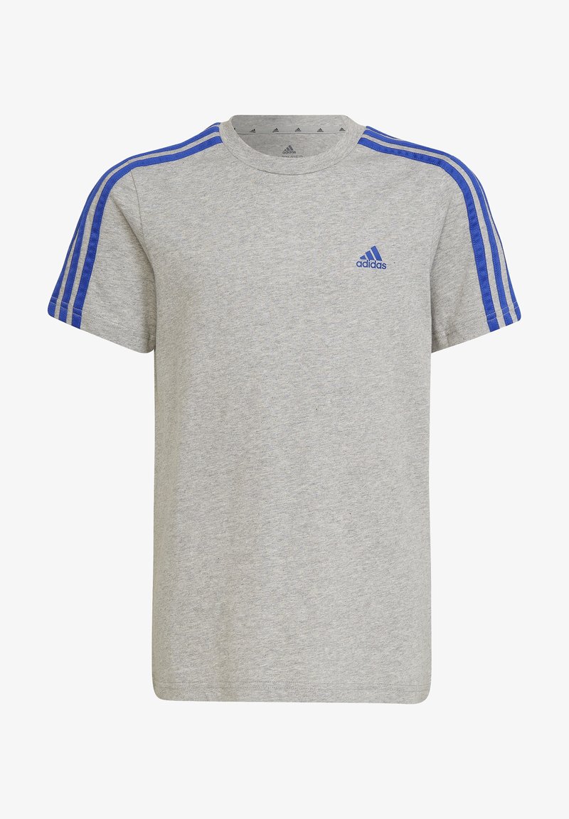 T-shirt en coton gris à manches courtes, avec des détails à trois bandes bleues sur les épaules et un petit logo bleu sur la poitrine.