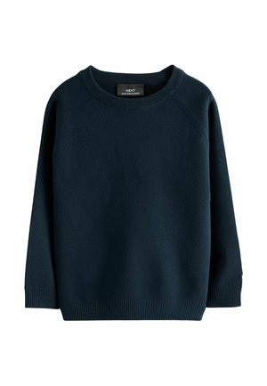 Suéter de punto azul marino con un cuello redondo acanalado y dobladillo. Presenta mangas largas tipo raglán, una textura suave y una etiqueta en el cuello.