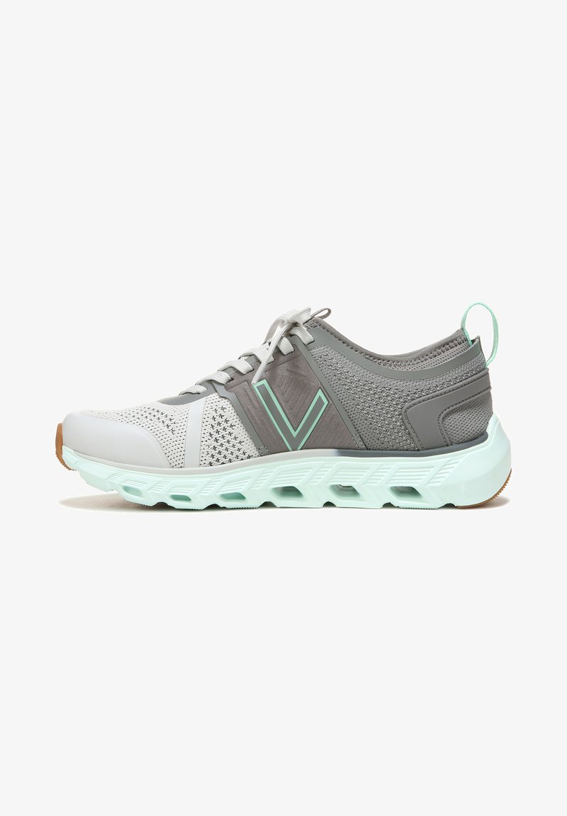 Lightweight athletic shoe featuring a grey and white mesh upper with mint green accents. Rubber sole with ventilation cutouts, lace-up design.