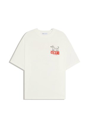 Weißes kurzärmeliges T-Shirt mit kleiner Dackel-Illustration und rotem Text „Dachshund Club keep on walkin'“ auf der linken Brust.