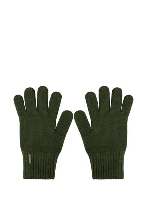 Gebreide handschoenen in donker groen, met een design voor vijf vingers, geribbelde manchetten en een subtiele logo-tag op het polsgebied. Duurzaam en gestructureerd materiaal.