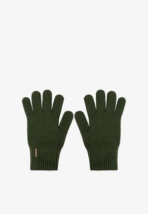 Gants tricotés de couleur vert foncé, dotés d'un design à cinq doigts, de poignets côtelés et d'une étiquette logo subtile au niveau du poignet. Matériau durable et texturé.