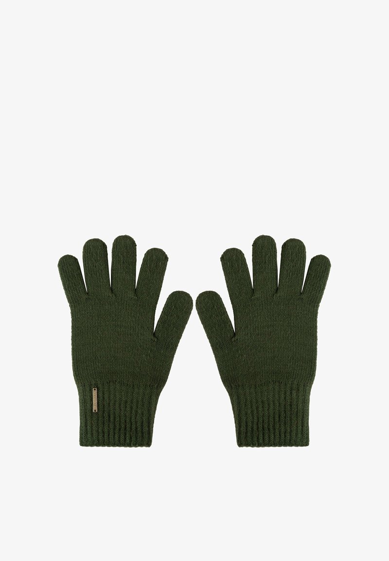 Gants tricotés de couleur vert foncé, dotés d'un design à cinq doigts, de poignets côtelés et d'une étiquette logo subtile au niveau du poignet. Matériau durable et texturé.