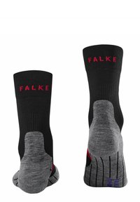 Schwarze und graue Socken mit gerippter Textur, rotes "FALKE"-Logo an den Bündchen, verstärkte Ferse und Zehen sowie graue Akzente an der Sohle.