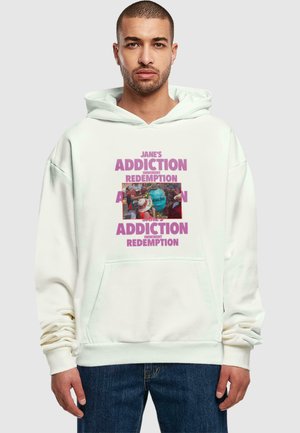 Cream-colored hoodie with a front pocket, featuring bold purple text: "JANE'S ADDICTION IMMINENT REDEMPTION" and a central graphic.