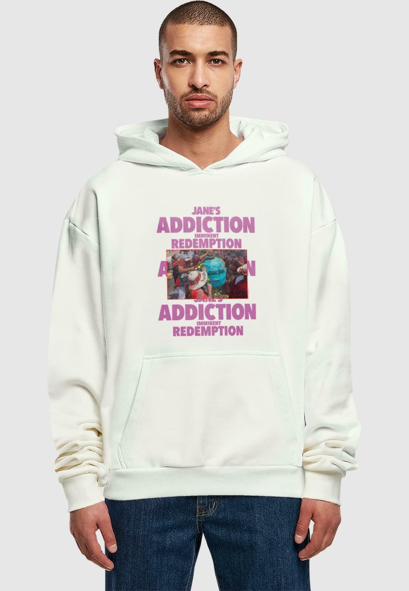 Helle Kapuzenjacke mit einer Fronttasche, die fetten lila Text zeigt: "JANE'S ADDICTION IMMINENT REDEMPTION" und eine zentrale Grafik.