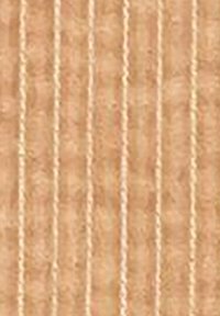 Beige tyg med vertikal ribbad textur och tunna, ljusfärgade ränder. Mjuk utseende. Lämplig för stoppning eller klädsel.