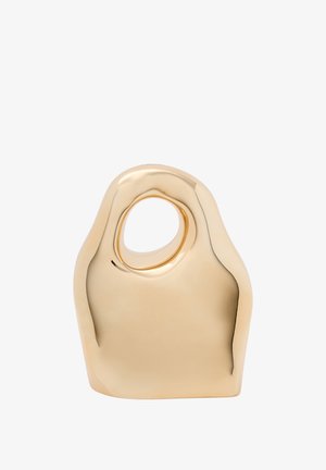 Guldfarvet keramisk vase med en glat, blank finish, der har en oval håndtagsudskæring og en organisk, afrundet form.
