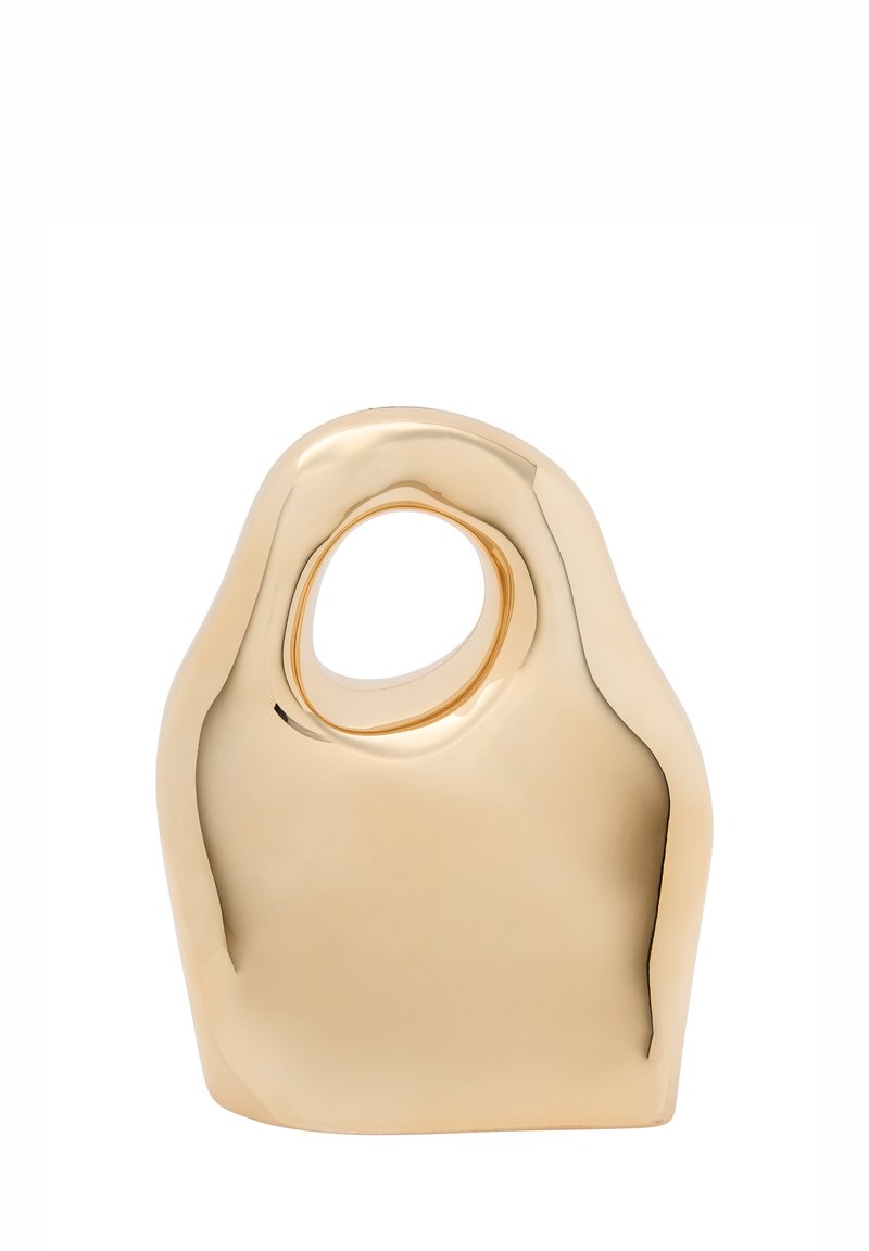 Guldfarvet keramisk vase med en glat, blank finish, der har en oval håndtagsudskæring og en organisk, afrundet form.
