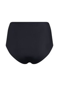 Bas de maillot de bain taille haute noir, fabriqué à partir d'un matériau lisse et extensible ; présente une couleur unie sans motifs ni embellissements.