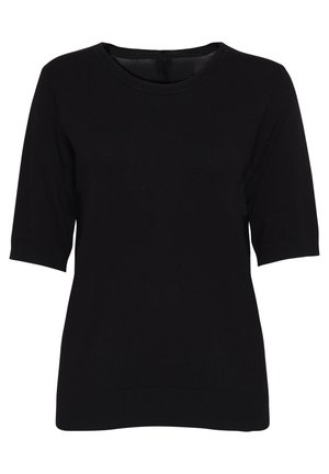 Fekete, rövid ujjú pulóver kötött anyagból. Kerek nyakkivágás és egyenes szegély, finom textúrával. Minták vagy fém részletek nincsenek.