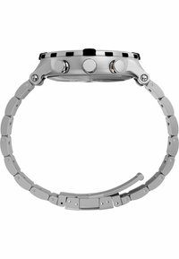 Montre en acier inoxydable avec un boîtier circulaire, trois boutons-poussoirs, une lunette noire et argentée, et un bracelet maillon avec des finitions brossées et polies.