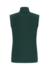 Gilet senza maniche in pile di colore verde scuro con collo alto. Texture liscia, design minimale e senza chiusure o decorazioni visibili.