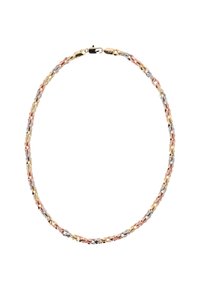 Metalová náhrdelník s propletenými články zlaté, stříbrné a růžově zlaté barvy, s hladkým povrchem a uzávěrem.