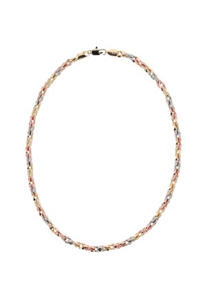 Metalowa naszyjnik z przeplatanymi ogniwami w odcieniach złotym, srebrnym i różowego złota, o gładkiej fakturze i zapięciu na klamrę.