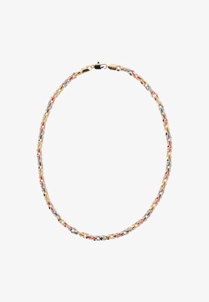 Metalová náhrdelník s propletenými články zlaté, stříbrné a růžově zlaté barvy, s hladkým povrchem a uzávěrem.