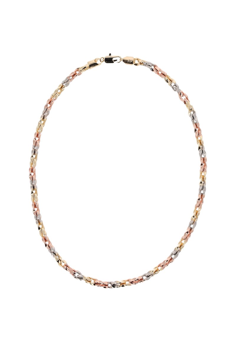 Metalová náhrdelník s propletenými články zlaté, stříbrné a růžově zlaté barvy, s hladkým povrchem a uzávěrem.