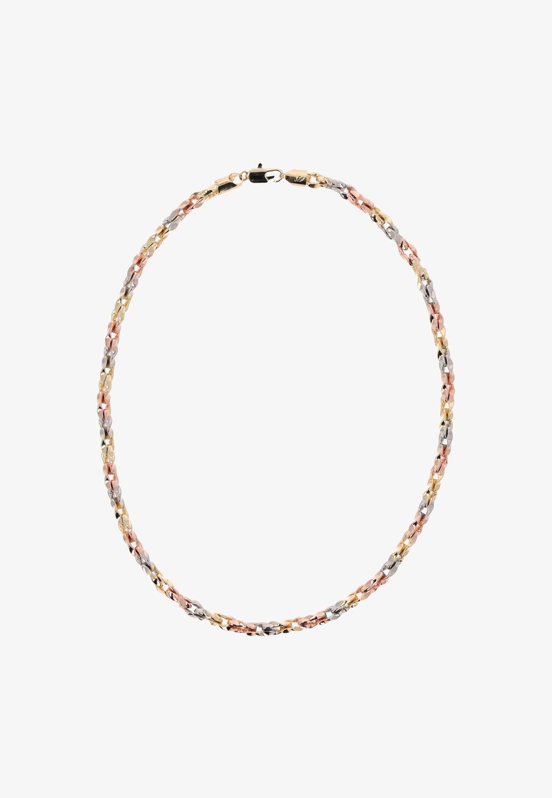 Metalová náhrdelník s propletenými články zlaté, stříbrné a růžově zlaté barvy, s hladkým povrchem a uzávěrem.