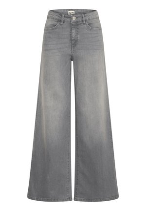 Wide-leg gray jeans crafted from denim, featuring a high waist, front pockets, and a smooth fabric texture with faded accents.