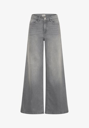 Wide-leg gray jeans crafted from denim, featuring a high waist, front pockets, and a smooth fabric texture with faded accents.