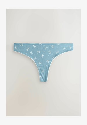 Svijetloplavi tanga gaćice od mekog materijala, s ponovljenim uzorkom bijelih mašni i delikatnom čipkom duž rubova.