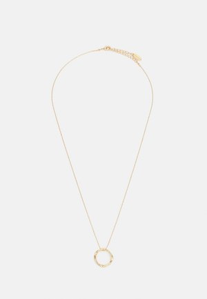 Aranyszínű fém nyaklánc vékony lánccal és csavarodott mintázatú kerek medállal. Állítható hosszúságú, homárkapoccsal záródik.