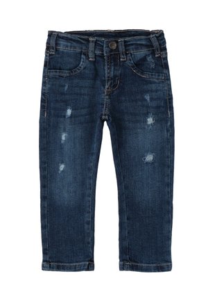 Jeans in denim blu scuro con aree strappate, design a cinque tasche e un leggero dettaglio di cucitura attorno alla vita e alle tasche.