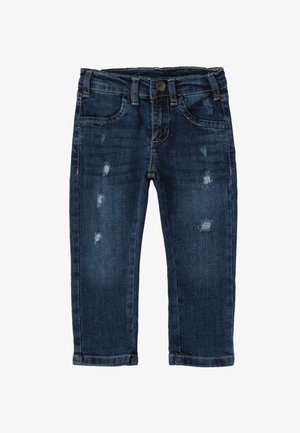 Jeans in denim blu scuro con aree strappate, design a cinque tasche e un leggero dettaglio di cucitura attorno alla vita e alle tasche.