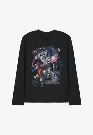 Black long-sleeve shirt featuring a colorful graphic of Transformers characters, with distinct designs and detailing, printed on the front.