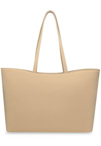 Borsa tote beige in materiale sintetico liscio, fondo piatto e due manici. Design senza cuciture con bordo superiore arrotondato.