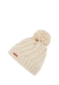 Knit beanie hat in cream with a textured pattern, featuring a prominent top pom-pom and a ribbed cuff with a small logo tag.