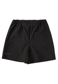 Schwarze Badeshorts mit elastischem Bund, einer einzelnen Gesäßtasche und einem kleinen Logo-Detail in Rot auf der linken Seite. Glatter Stoff.