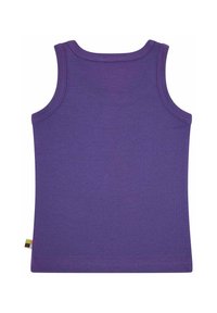 Lila ärmelloses Tanktop aus glattem Stoff, mit rundem Halsausschnitt und einem kleinen, mehrfarbigen Etikett am Saum.