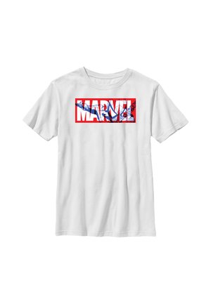 Hvid t-shirt med korte ærmer med rød kantet Marvel-logo på brystet med en blå Spider-Man-grafik inde i teksten.