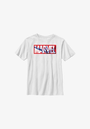 Hvid t-shirt med korte ærmer med rød kantet Marvel-logo på brystet med en blå Spider-Man-grafik inde i teksten.